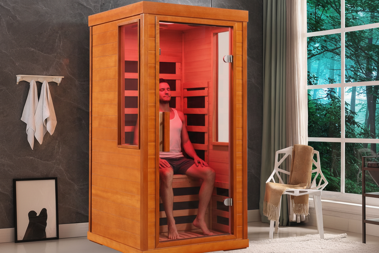 One-person infrared sauna in use